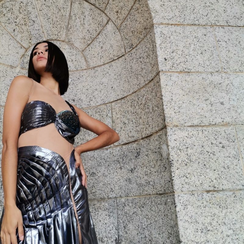 Met Gala draping silver dress